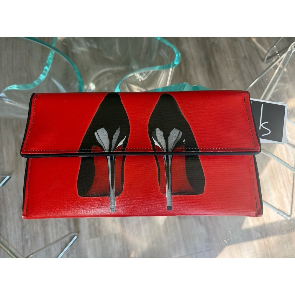 NWT Kent Stetson Black Red Bottoms High‎ Heels Graphic Vegan Leather Clutch